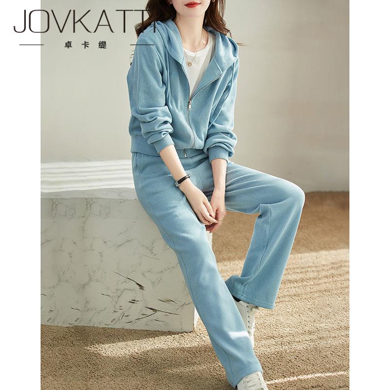JOVKATTI春秋休闲时尚女新款微胖减龄薄款显瘦运动服卫衣两件套装