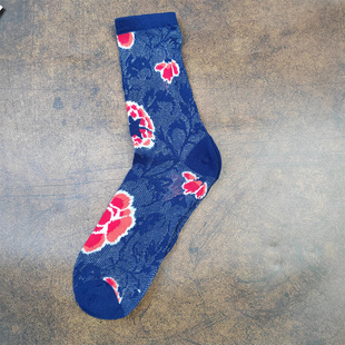 花朵图案中筒袜女蓝色撞色文艺范袜子女 女袜个性 出口单 春夏薄款
