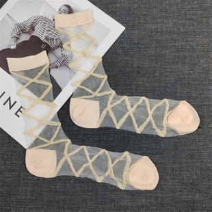 潮袜纯棉底水晶袜春夏 几何花纹时尚 透明玻璃丝中筒袜女夏季 薄款