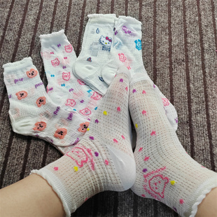 薄款 女袜可爱卡通小熊中筒袜女夏季 透气花边洛丽塔袜子 春款 新品