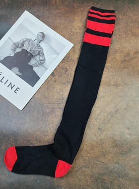 外单 长56cm撞色条纹中高筒女袜纯棉过膝护腿袜柔软舒适大腿袜女