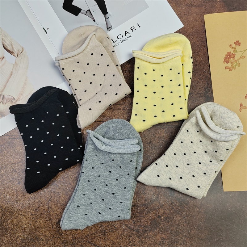 春秋款袜子堆堆袜纯棉中筒女袜松口袜学院风袜子卷边波点韩系袜子