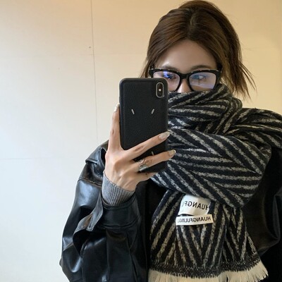 greenhouses复古百搭人字纹围巾女秋冬季保暖黑白条纹学生围脖潮