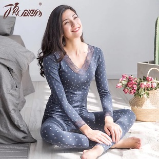 薄款 頂呱呱秋衣秋褲 女純棉套裝 美體保暖內(nèi)衣女蕾絲V領(lǐng)打底棉毛衫