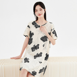 顶呱呱睡裙女款2025新款夏纯棉短袖薄款100%棉圆领休闲宽松睡衣