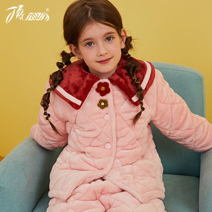 顶呱呱女童睡衣冬季三层夹棉儿童加厚中大童珊瑚绒法兰绒家居服