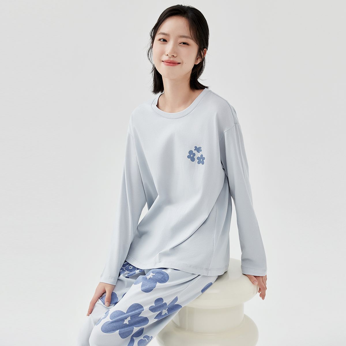 顶呱呱睡衣女士纯棉春季可外穿简约宽松印花长袖长裤家居服套装