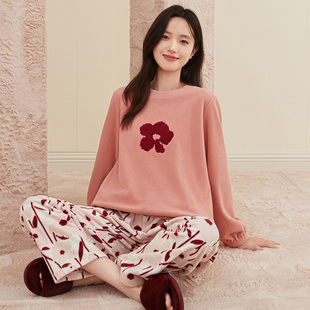 顶呱呱睡衣女士秋冬保暖摇粒绒家居服套装长袖长裤休闲可外穿