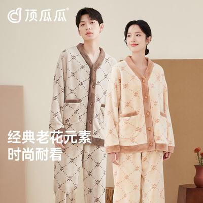 顶瓜瓜情侣睡衣男秋冬加厚牛奶绒柔软保暖长袖翻领女法兰绒家居服