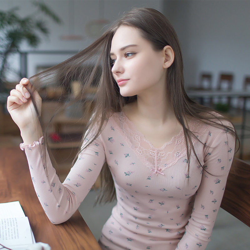 顶呱呱秋衣秋裤女纯棉套装蕾丝V领青年打底棉毛衫薄款保暖内衣女