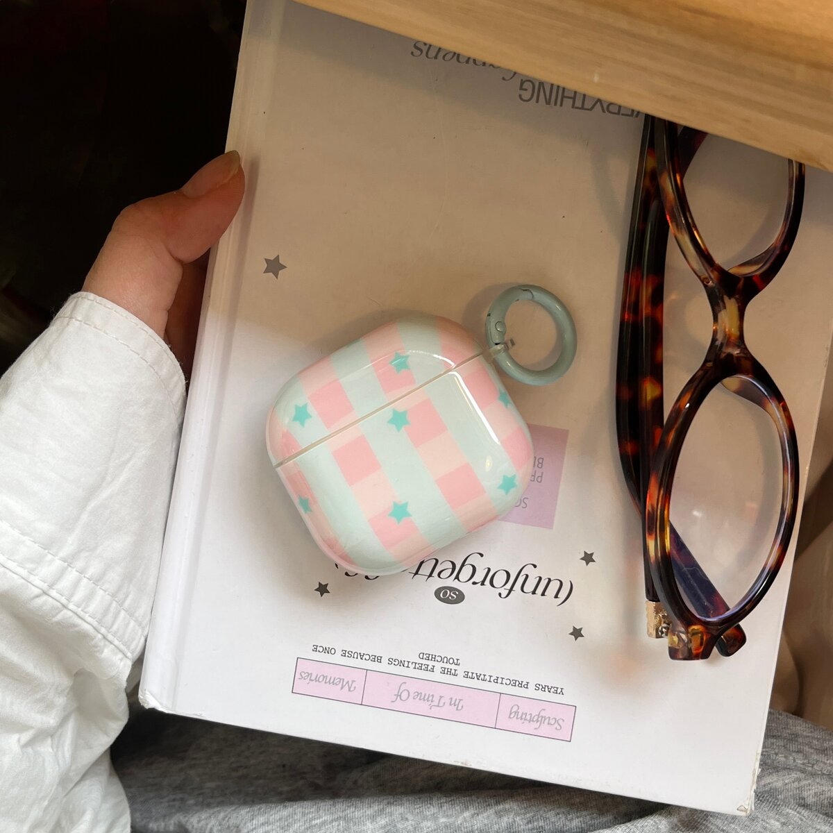 耳机 粉蓝条纹星星适用苹果 AirPods 4新款耳机壳AirPods 1/2防摔AirPods 3简约保护套AirPods Pro 第二代防
