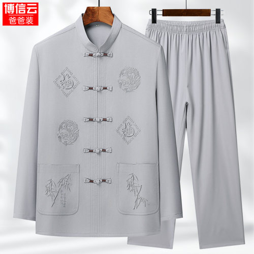 夏季唐装男短袖套装中老年人夏装爸爸薄款冰丝上衣老人衣服男爷爷
