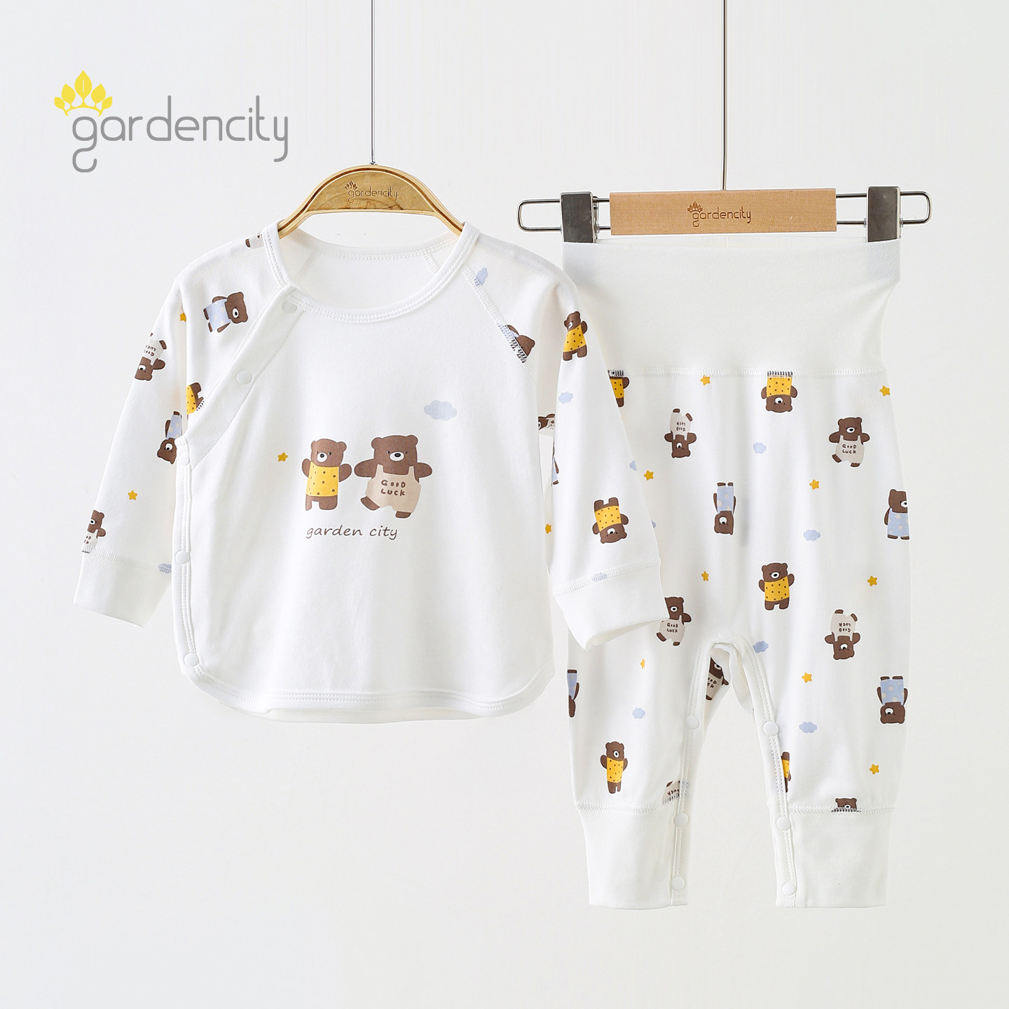 婴儿家居服套装春秋四季棉莫代尔新生宝宝偏开按扣上衣高腰免脱裤