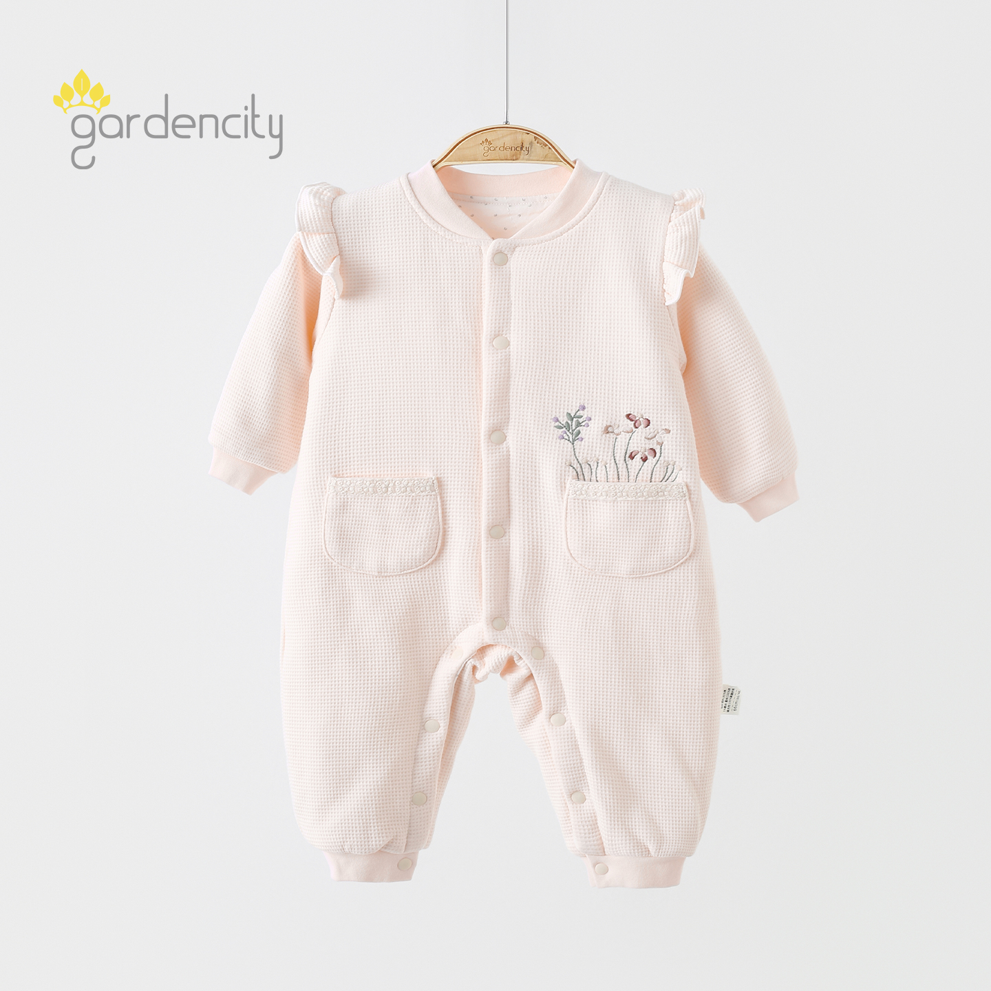 婴儿连体衣秋冬季保暖40g夹棉甜美飞袖女宝宝薄棉哈衣家居服棉服