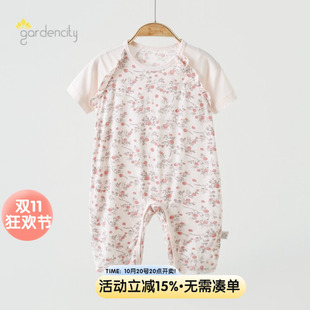 婴儿连体衣夏季薄款零碳莫代尔凉感女宝宝玫瑰花园短袖九分裤哈衣