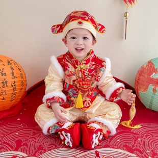 幼儿百天宴黄马褂女拜年唐装 龙年宝宝礼服男一周岁套装 秋冬新中式