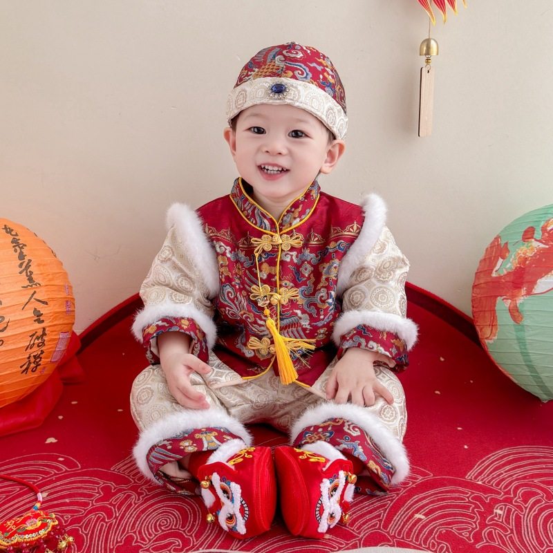 周岁抓周礼服男宝宝秋冬季婴儿百日宴中式新年喜庆唐装女加厚套装