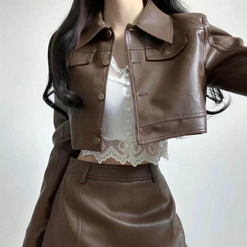 专柜皮衣皮裙套装女2026年秋冬新款高腰显瘦短款外套半身裙两件套