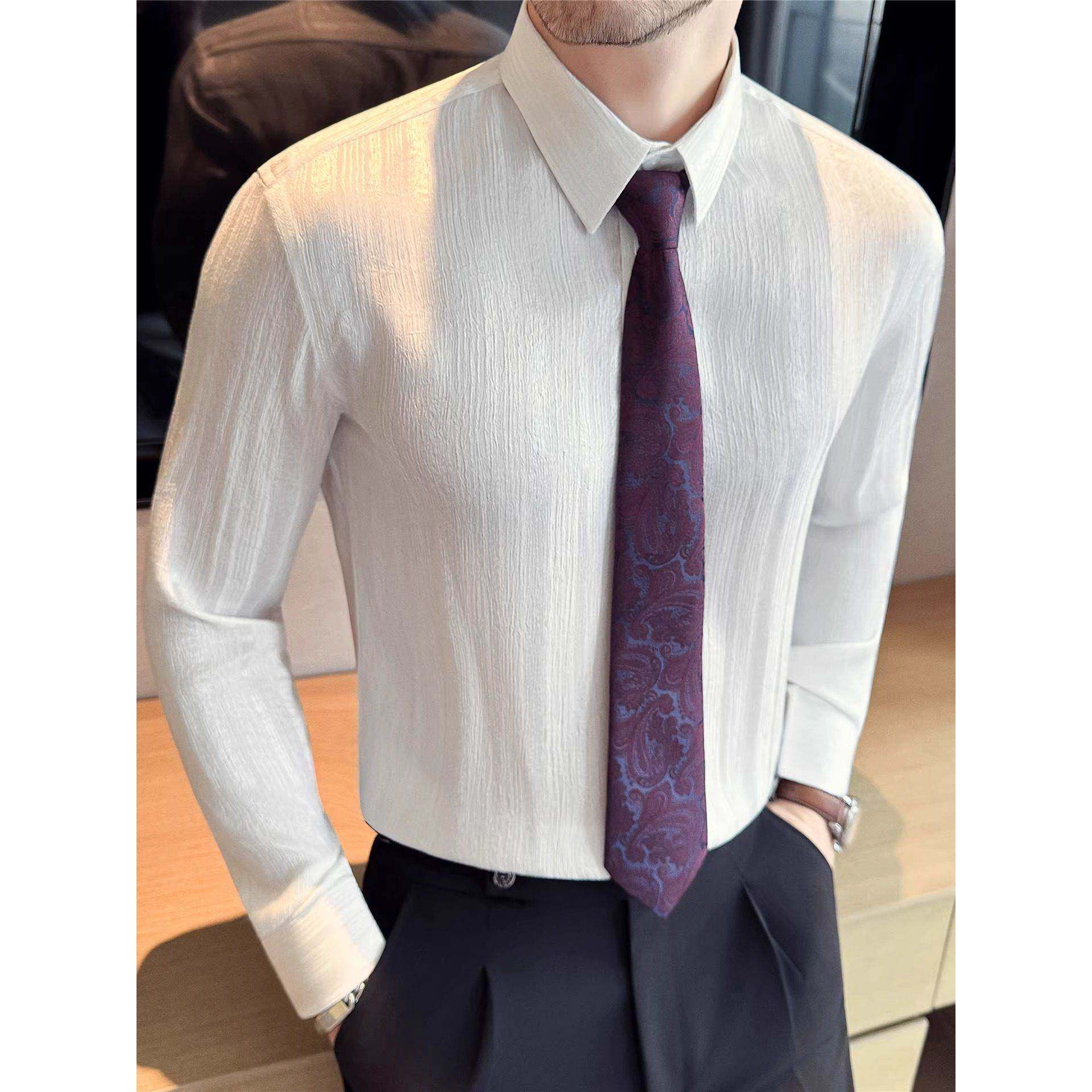 高端老钱风条纹长袖衬衫男秋季新款韩版修身免烫抗皱商务休闲衬衣,男装,衬衫,淘宝优惠券,粉丝福利购,淘宝优惠卷