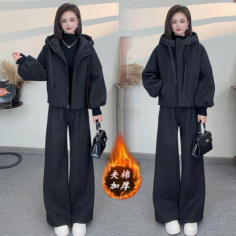 香港代购时尚套装女冬季新款加棉连帽毛呢外套加绒阔腿裤两件套潮,女装/女士精品,时尚套装,淘宝优惠券,粉丝福利购,淘宝优惠卷