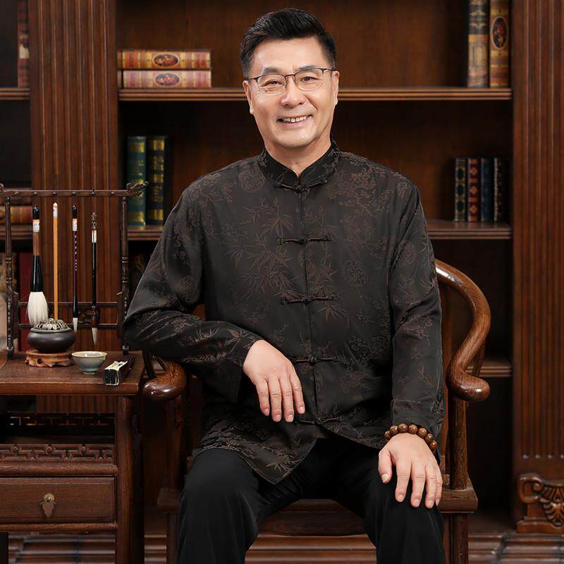 长袖中老年唐装男2025春秋季薄款爷爷休闲套装中国风桑蚕丝老人装