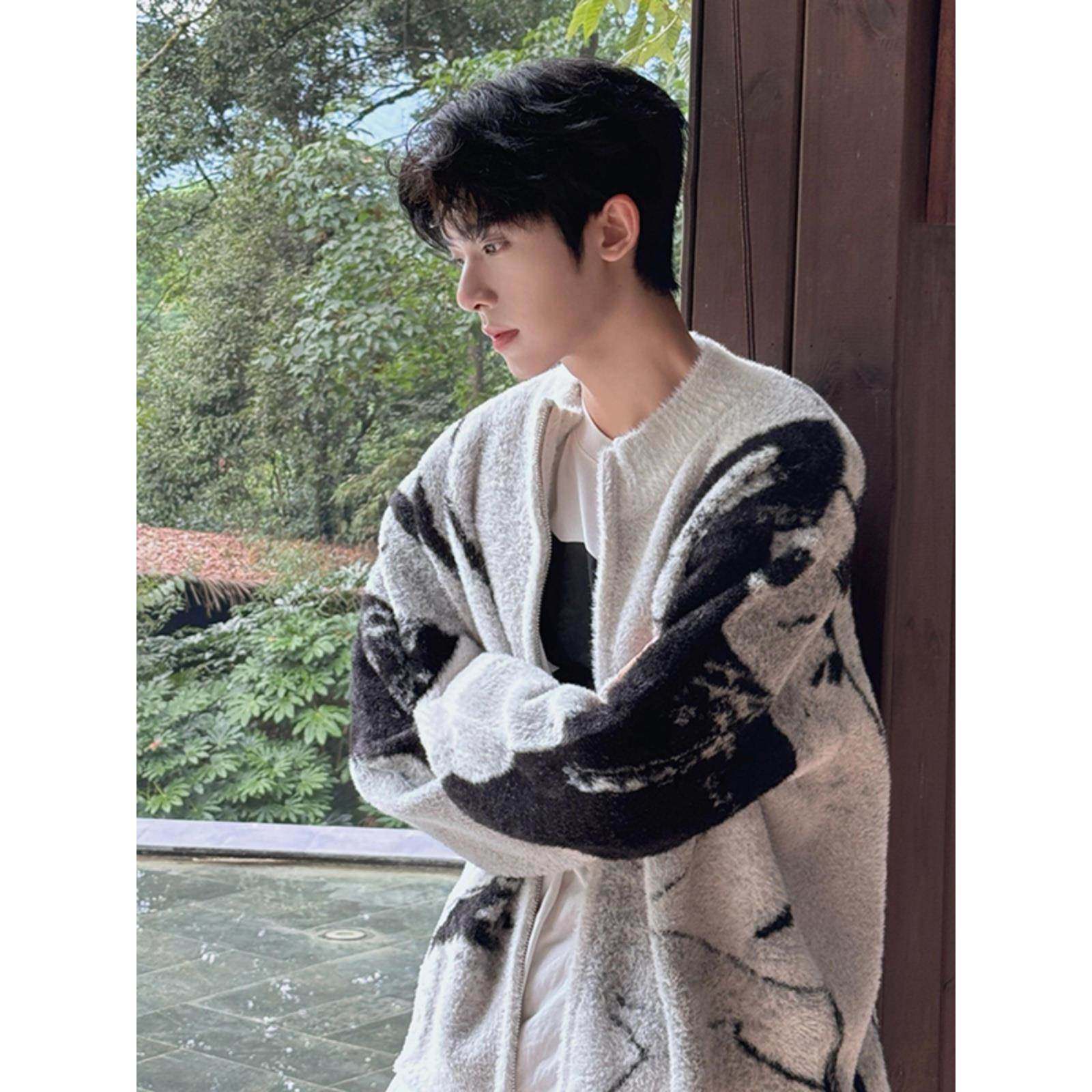 香港渐变针织开衫外套男春秋新款羊绒衫慵懒风男装潮流高级感毛衣