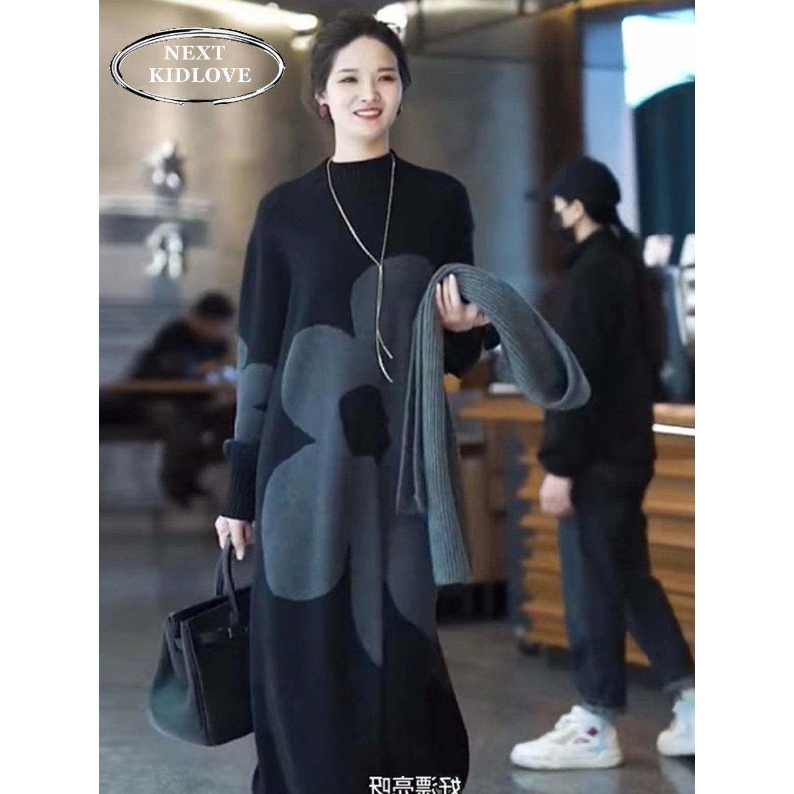 香港大码轻熟风圆领宽松遮肉打底连衣裙长款过膝休闲针织裙内搭冬