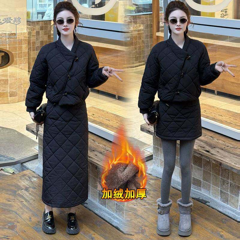 香港代购加绒加厚时尚套装女冬季新款时髦棉衣外套半身裙两件套潮
