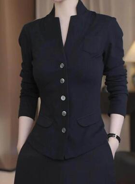 香港2025秋季新款女覆古港风黑色立领长袖外套v领修身显瘦上衣服