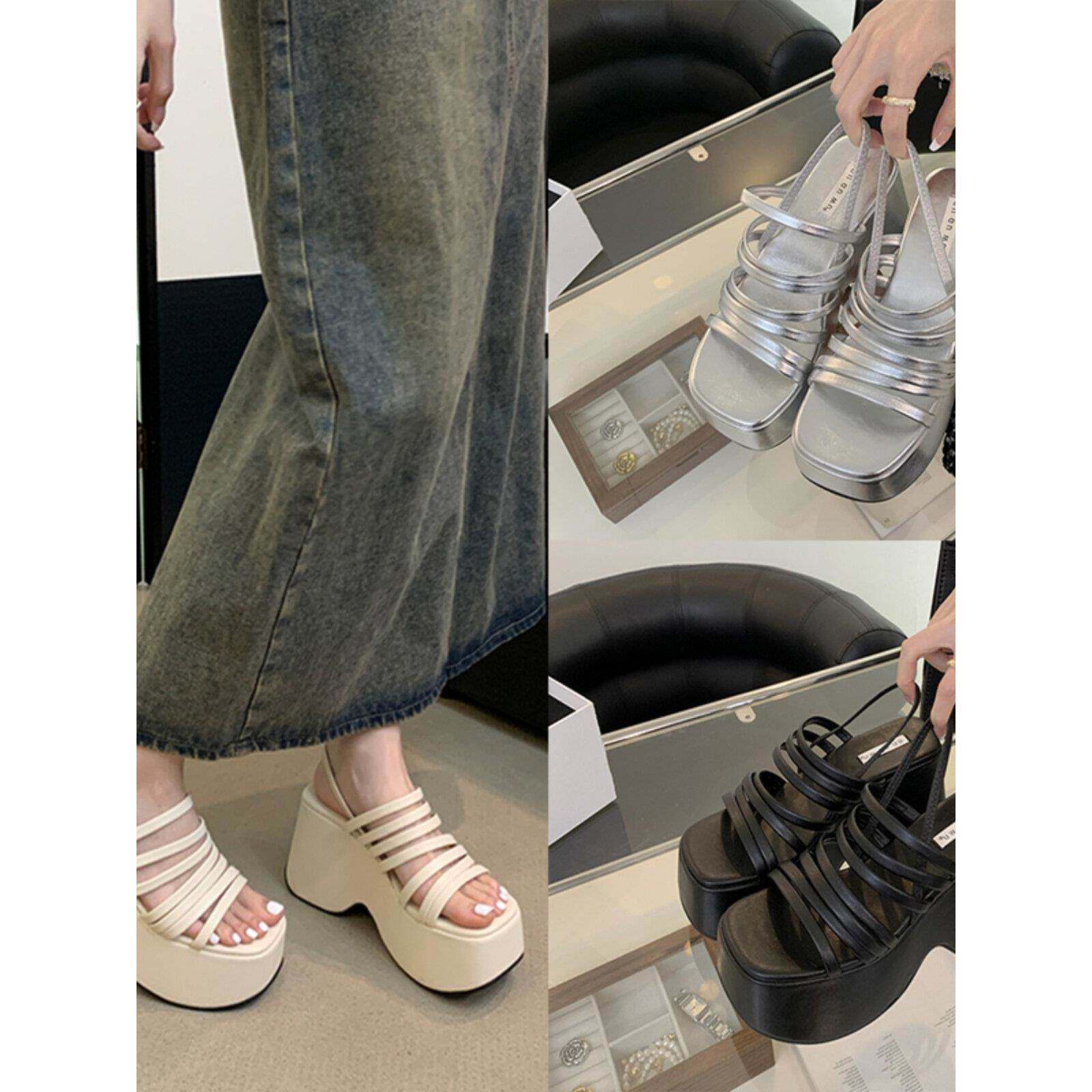 潮牌小个子增高坡跟一字带松紧方头凉鞋时尚厚底松糕罗马女鞋高跟