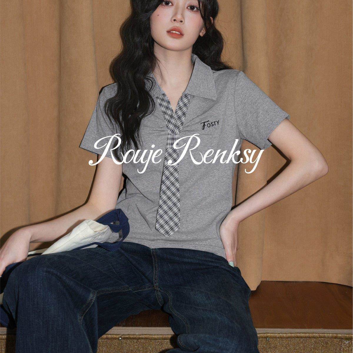 法国Rouje Renksy法式学院风灰色格纹领带T恤女夏通勤风气质上衣