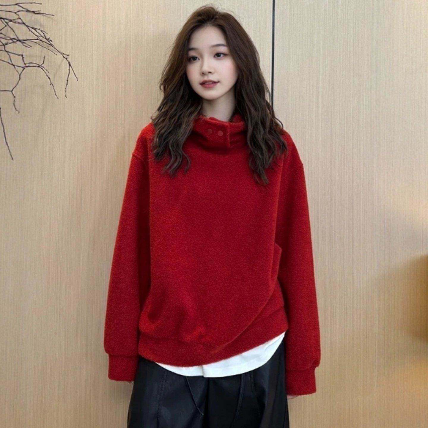 欧洲站红色连帽立领卫衣女2025秋冬新款大码宽松长袖百搭休闲上衣