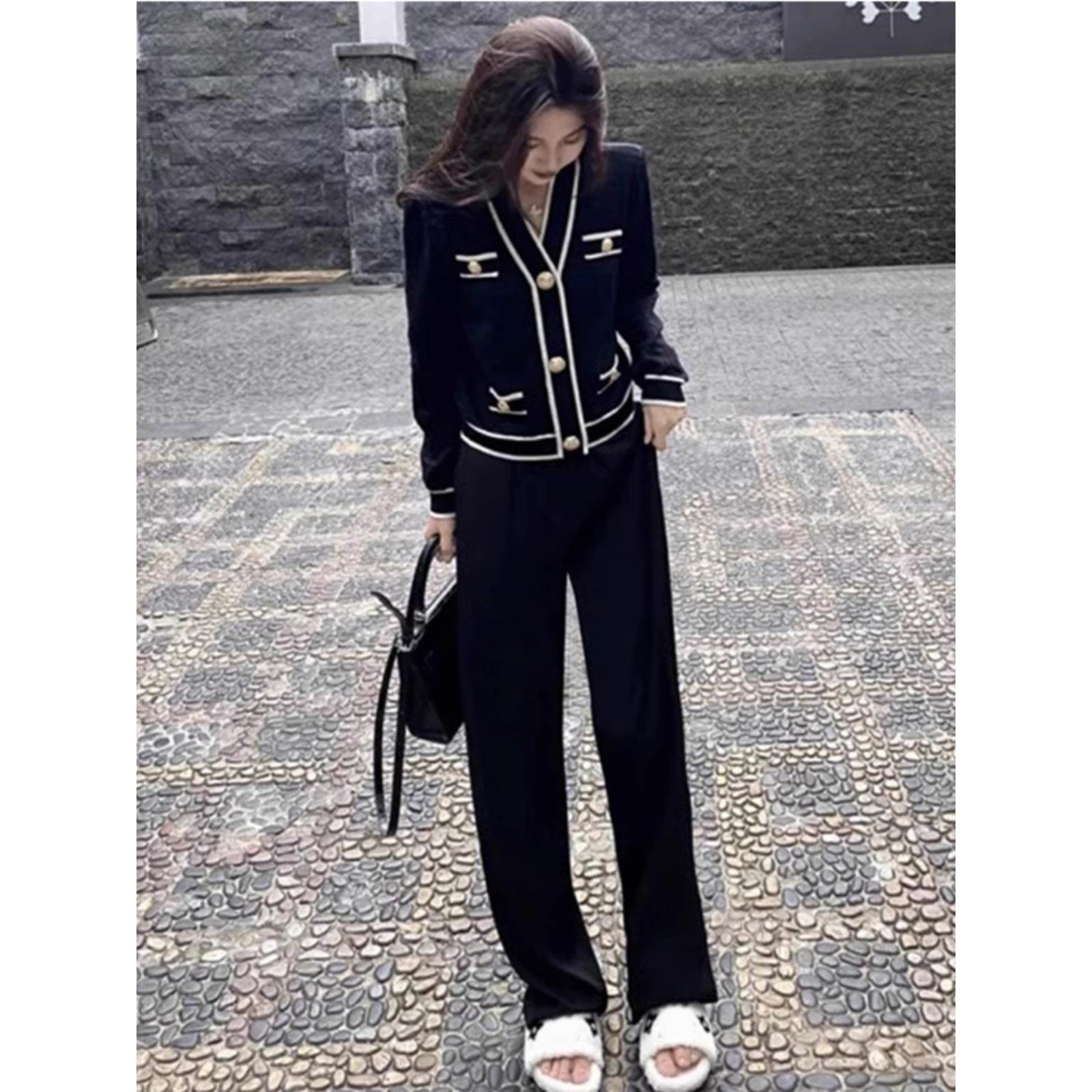 欧洲站2024秋冬新款港风复古黑色针织套装高级感气质阔腿裤两件套