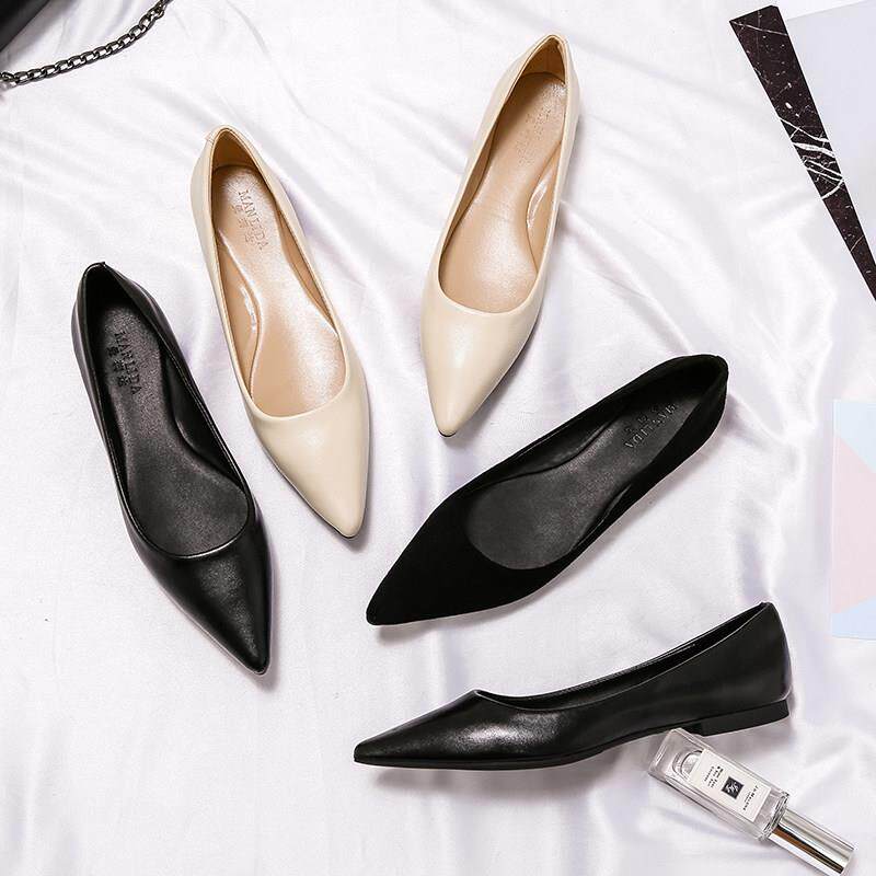 香港2025平底尖头真皮浅口单鞋女职业软底绒面平跟工作鞋黑色百搭