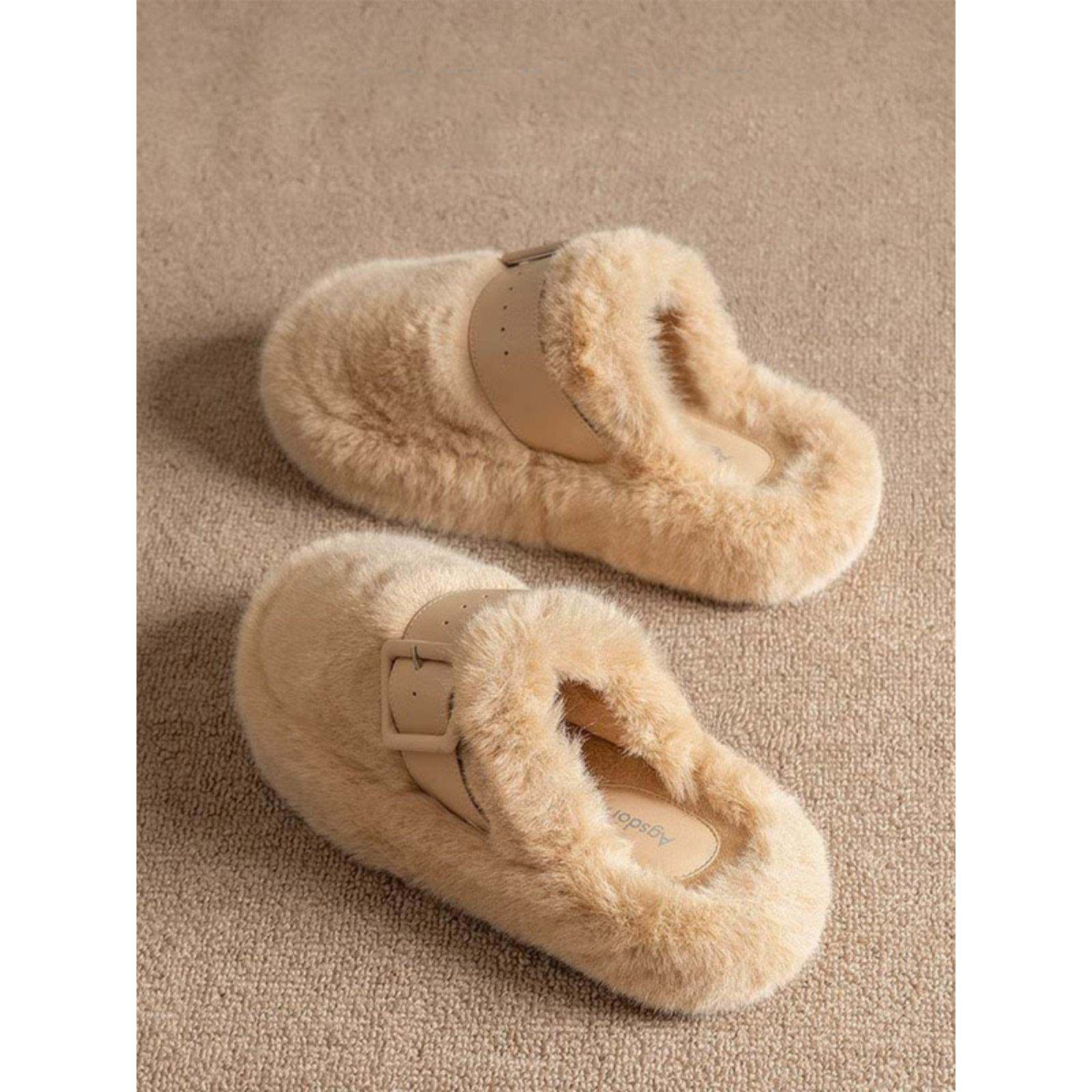 保暖加绒毛毛拖鞋女款外穿2025秋冬新款高级感防滑棉拖鞋毛绒半拖