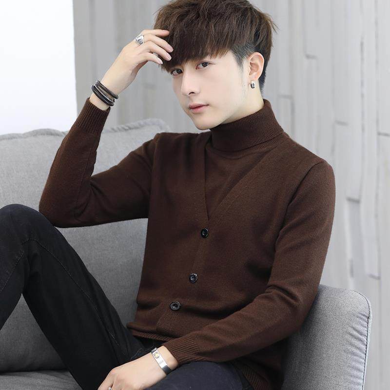 高端假两件毛衣男款高级感秋冬季半高领针织打底衫修身中领羊毛衫