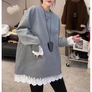 香港圆领加绒卫衣女秋冬2025新款大码胖mm慵懒风假两件中长款上衣