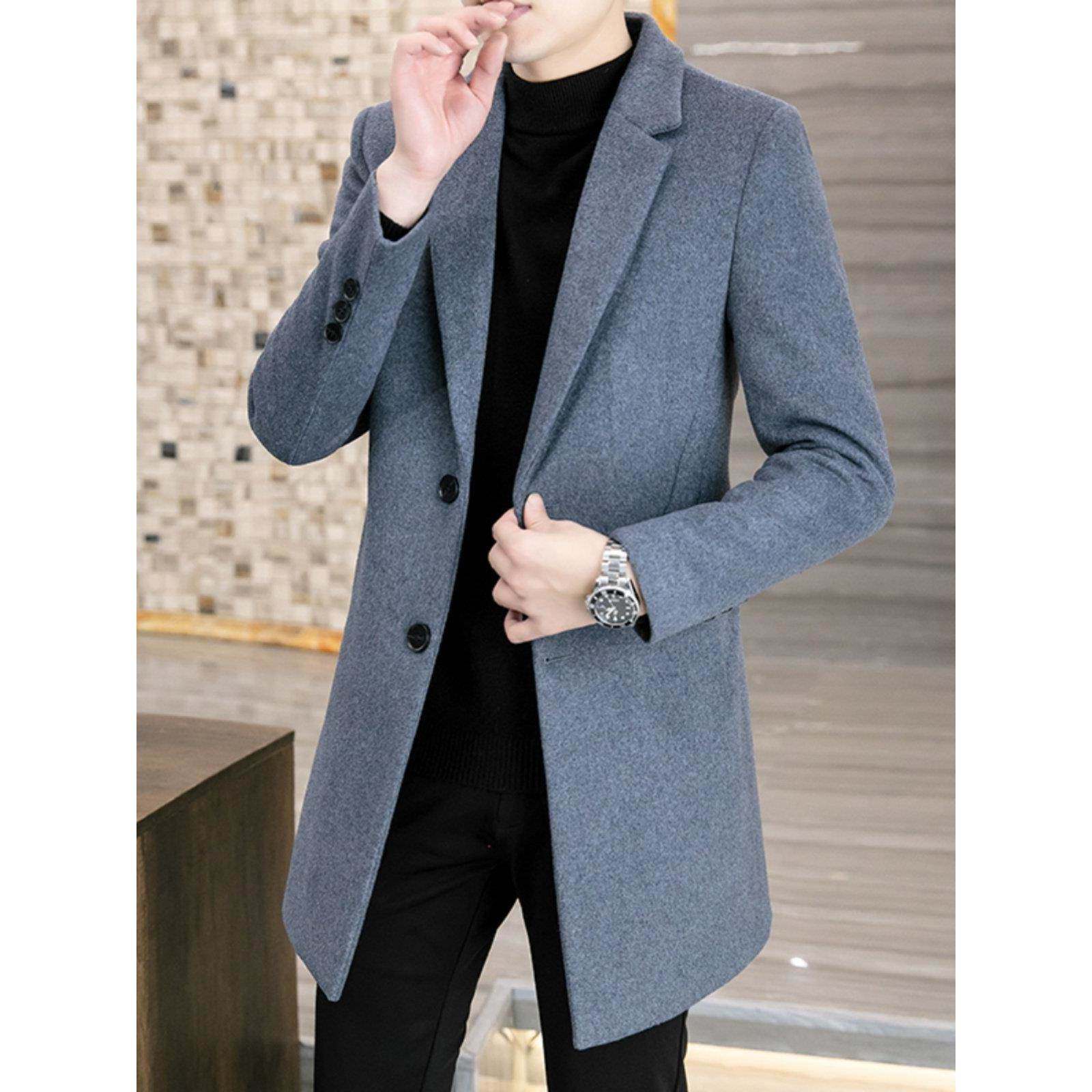 2025新款秋冬加厚羊毛呢大衣男修身中长款呢子风衣韩版纯色西装领