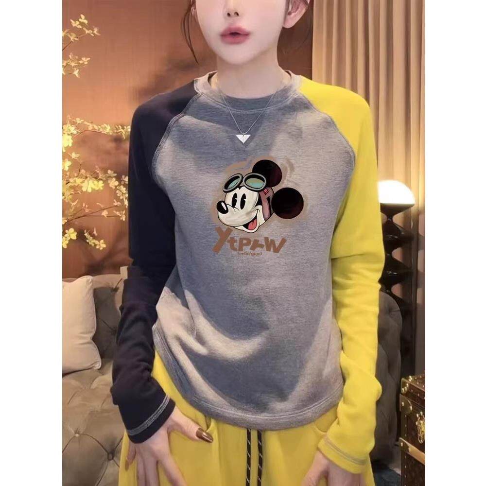 香港TIMO圆领纯棉长袖t恤女春秋冬厚款撞色插肩内搭打底衫上衣