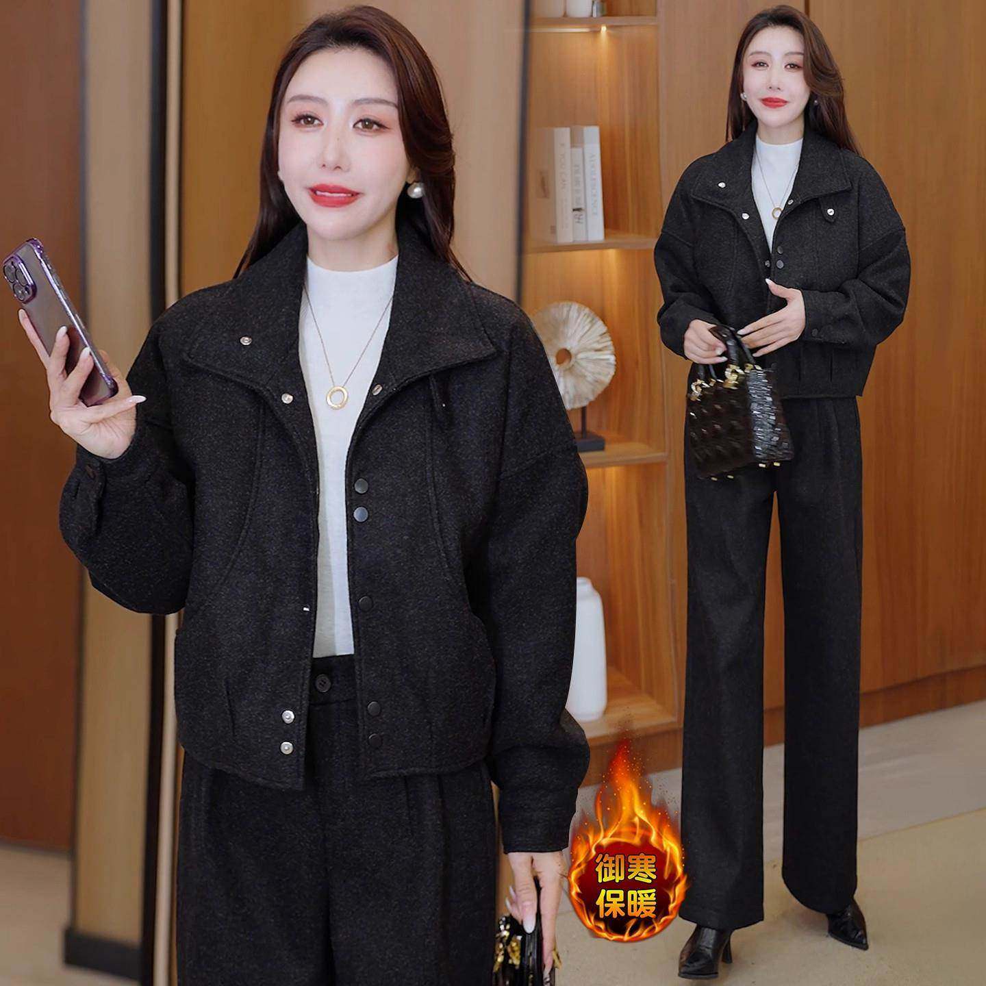 香港代购时尚毛呢套装女冬季新款夹棉保暖翻领短外套阔腿裤两件套,女装/女士精品,时尚套装,淘宝优惠券,粉丝福利购,淘宝优惠卷