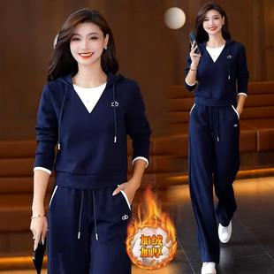 香港休闲运动套装女冬2025新款加绒加厚连帽卫衣阔腿裤两件套欧货