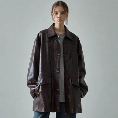 FACADE PATTERN皮衣外套女2025春秋季宽松设计师款抽绳中长款夹克