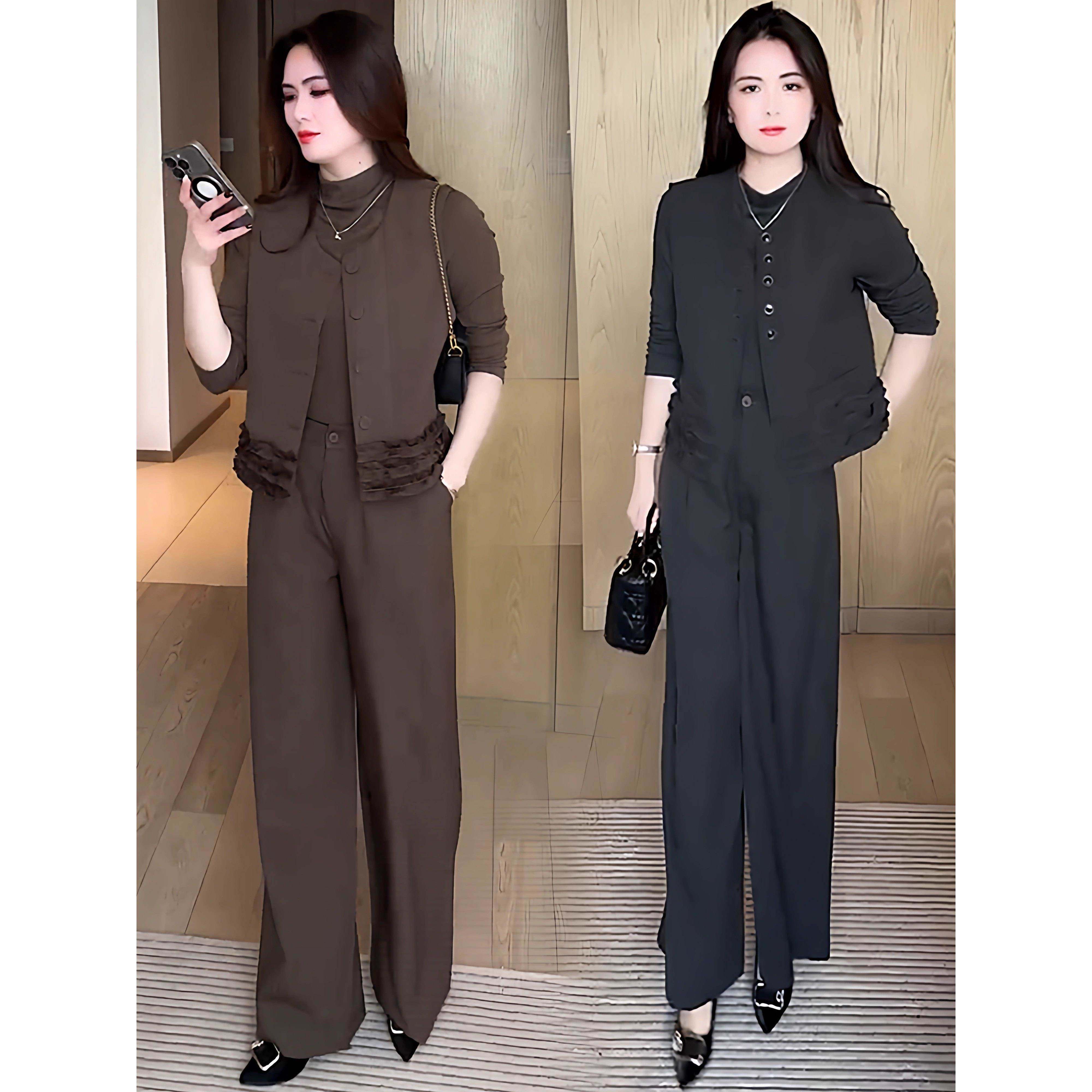 香港代购妈妈套装女秋季新款洋气显瘦马甲长袖打底衫阔腿裤三件套,女装/女士精品,时尚套装,淘宝优惠券,粉丝福利购,淘宝优惠卷
