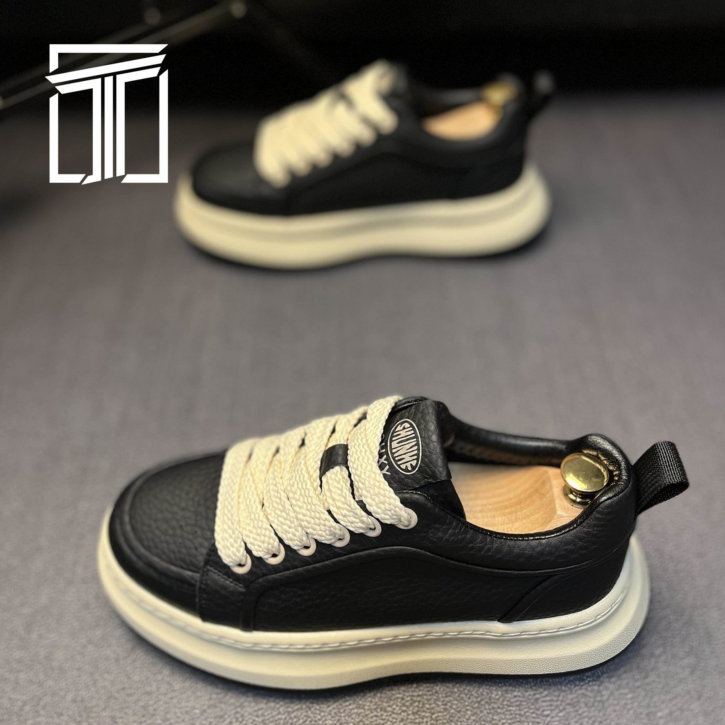 香港ITUN7G冬季新款男鞋厚底增高防滑板鞋皮面拼接纯色运动休闲鞋