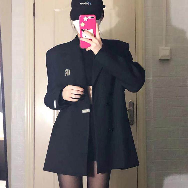 新品香港春秋新款高级感黑色西装外套女士小个子oversize休闲西服
