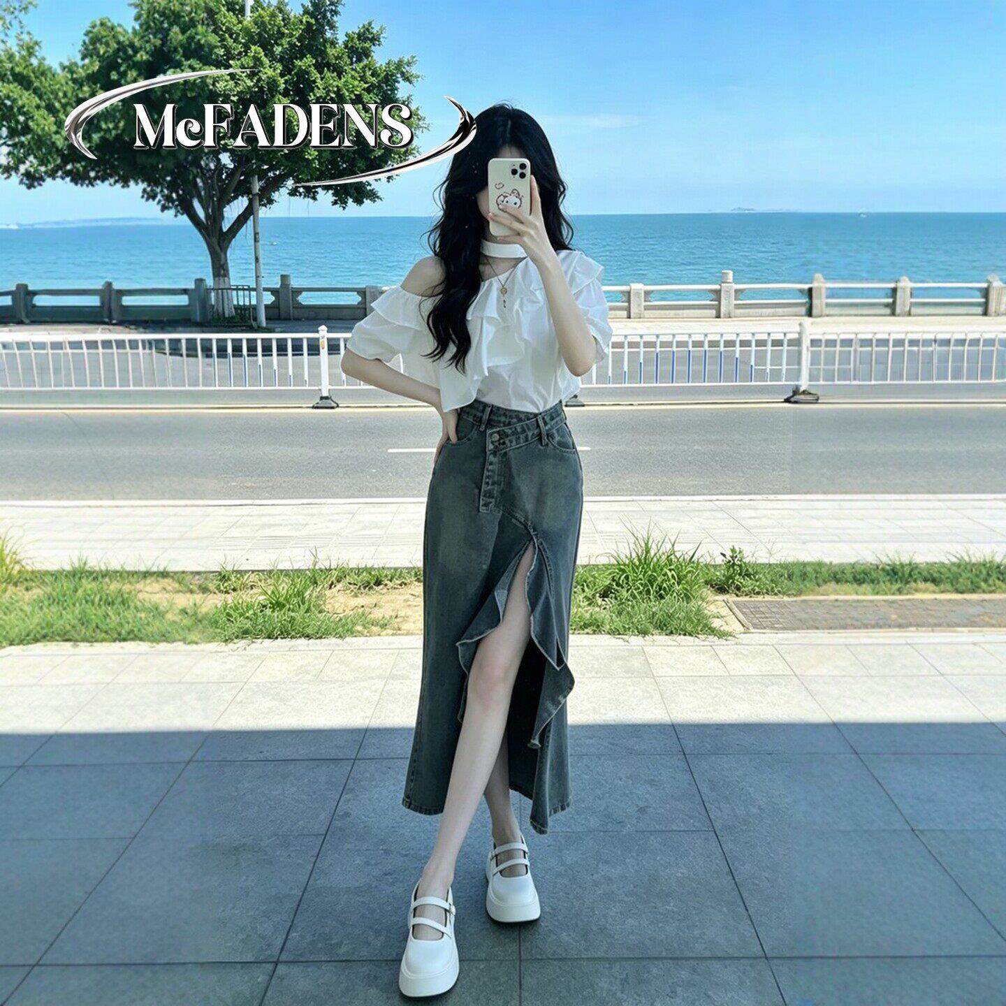 香港夏季一整套大尺码胖mm露肩上衣开叉牛仔半身裙御姐高级感套装