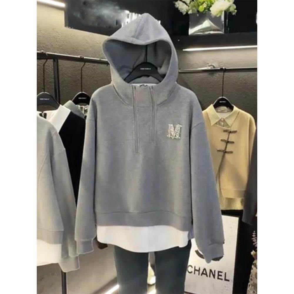 香港假两件高级灰色卫衣女2025冬新款时尚洋气外套宽松设计感上衣