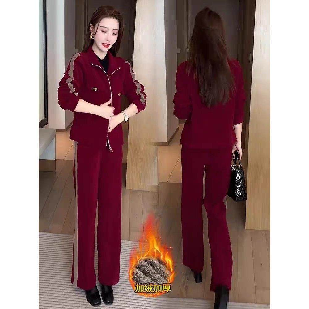 香港代购妈妈装套装秋冬加绒女新款洋气质运动服阔腿裤休闲两件套