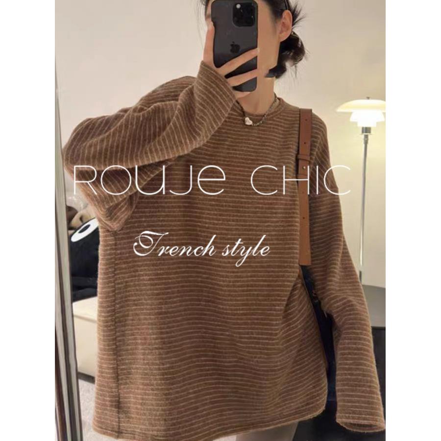 法国rouje chic秋冬季法式咖色设计感千层酥条纹打底针织衫毛衣女