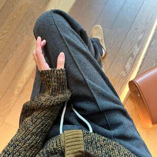 香港灰色毛呢裤女秋冬小个子窄版阔腿裤休闲人字纹加绒西装直筒裤